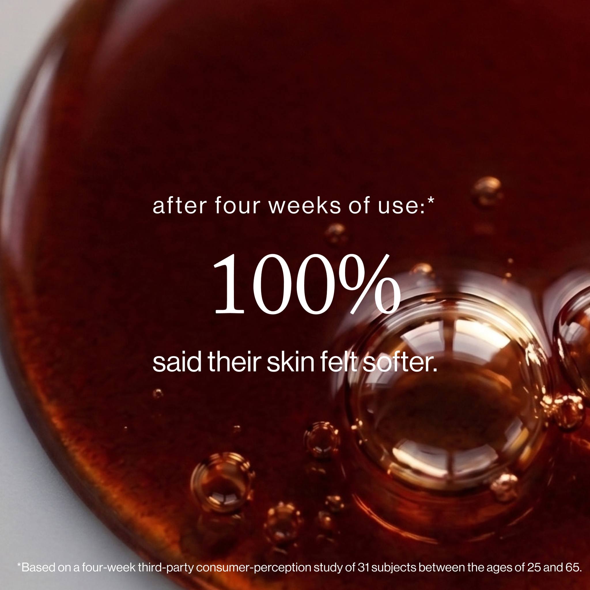 clinical-results: Rich body wash gel texture next to a stat showing 100 percent of users felt softer skin after four weeks