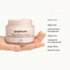 goop beauty Himalayan Salt Scalp Scrub Shampoo open jar in hand showing 3-step how-to application guide