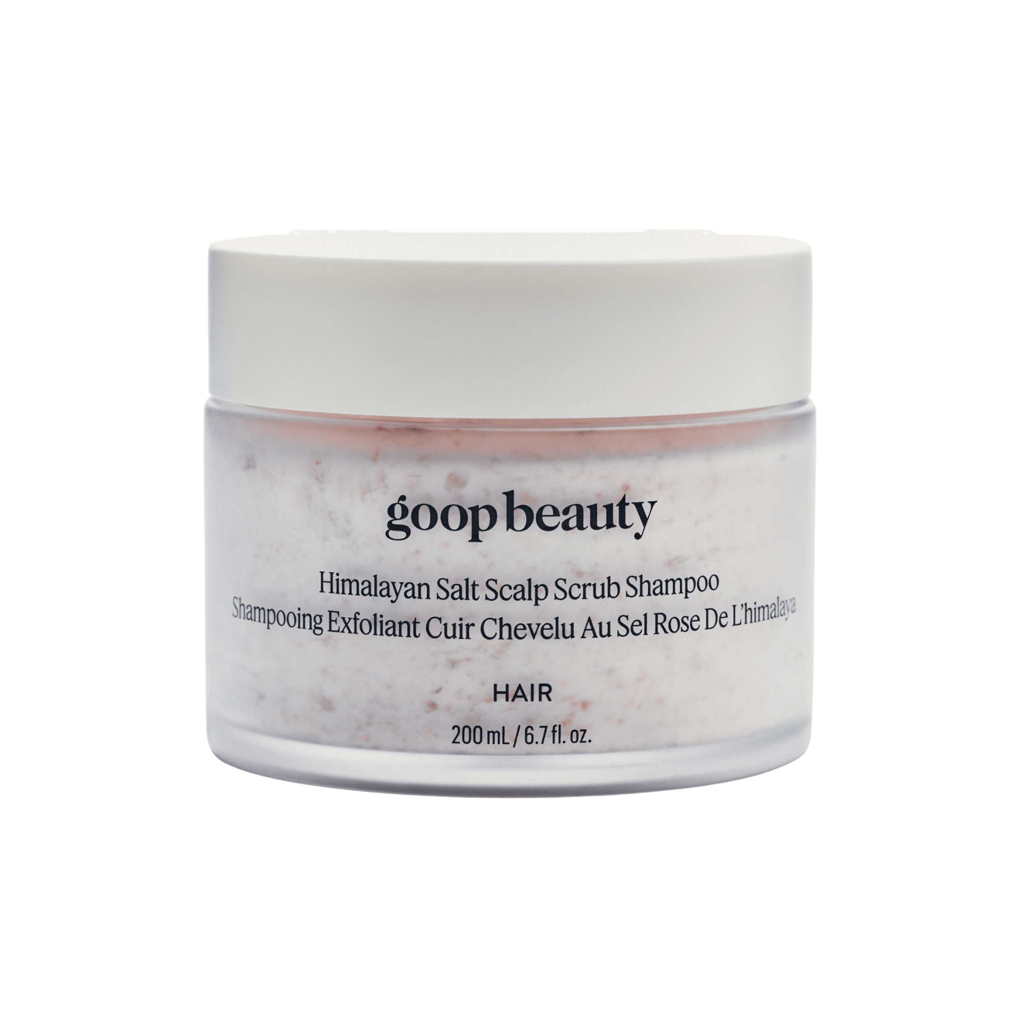 goop beauty Himalayan Salt Scalp Scrub Shampoo 200mL jar with white lid on light background