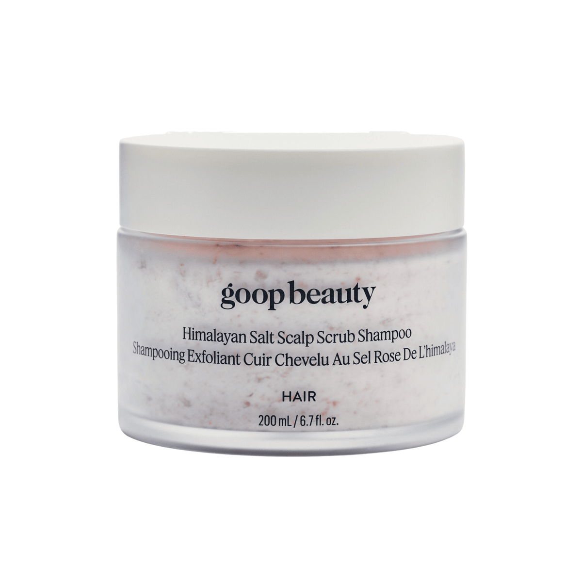 goop beauty Himalayan Salt Scalp Scrub Shampoo 200mL jar with white lid on light background