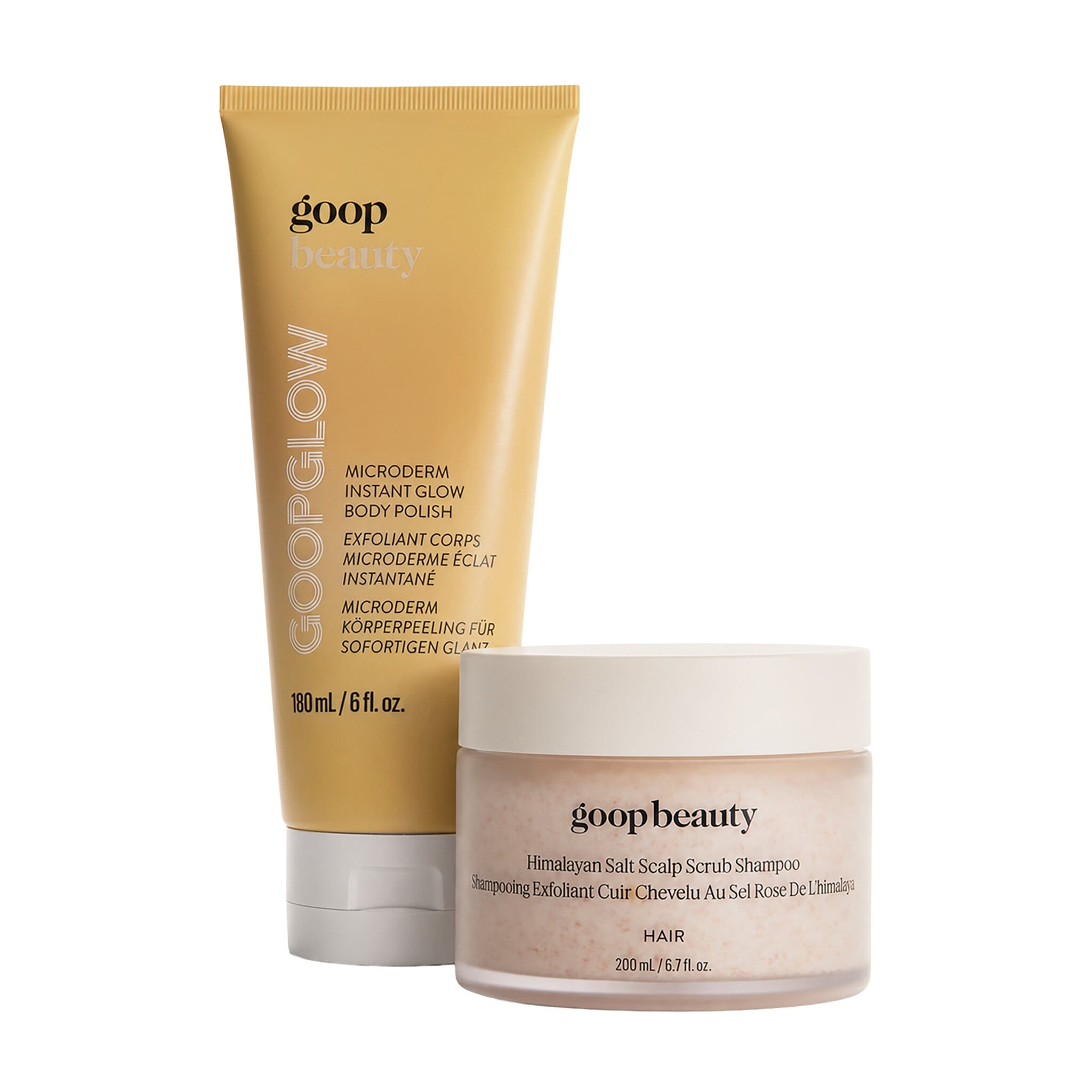 GoopGlow body polish and Himalayan Salt Scrub Shampoo from goop beauty Everything Shower Kit