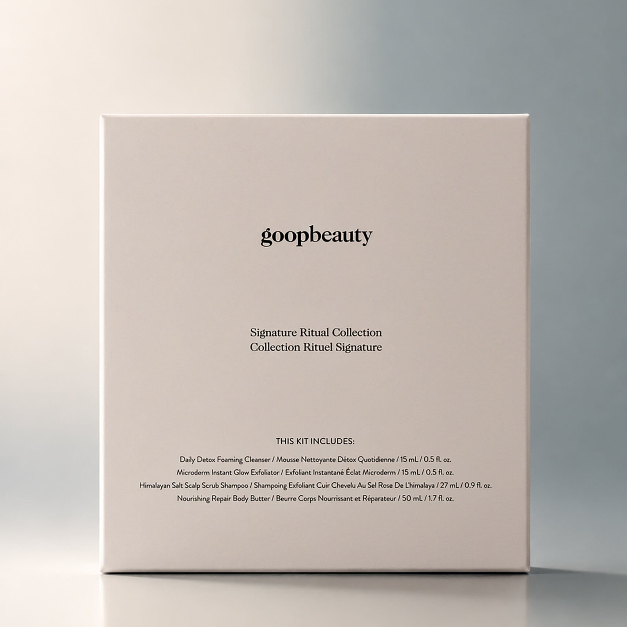 goop beauty Signature Ritual Collection gift box on neutral gradient background
