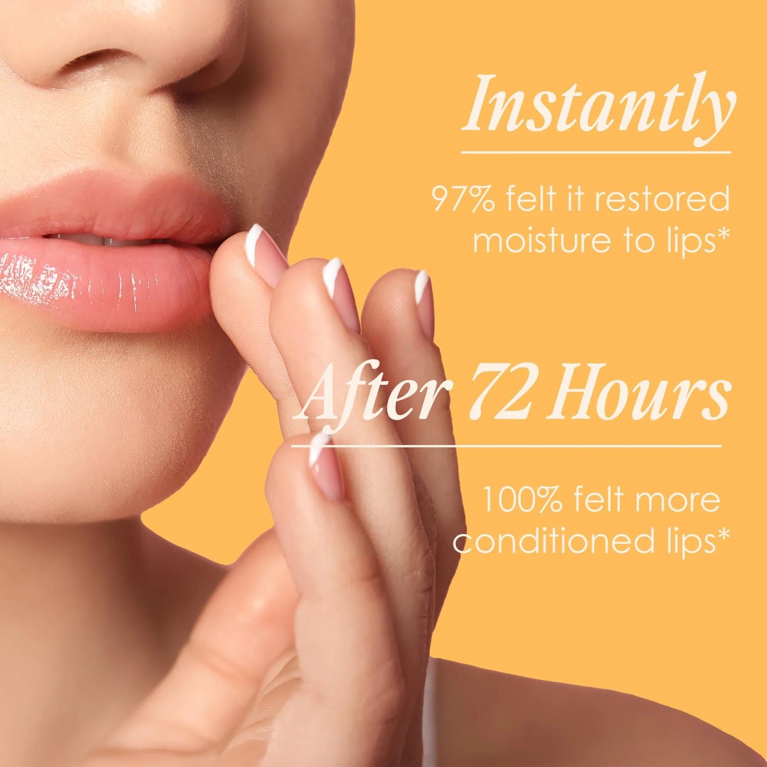 Woman applying GrandePOUT Plumping Lip Mask with instant and 72-hour hydration stats