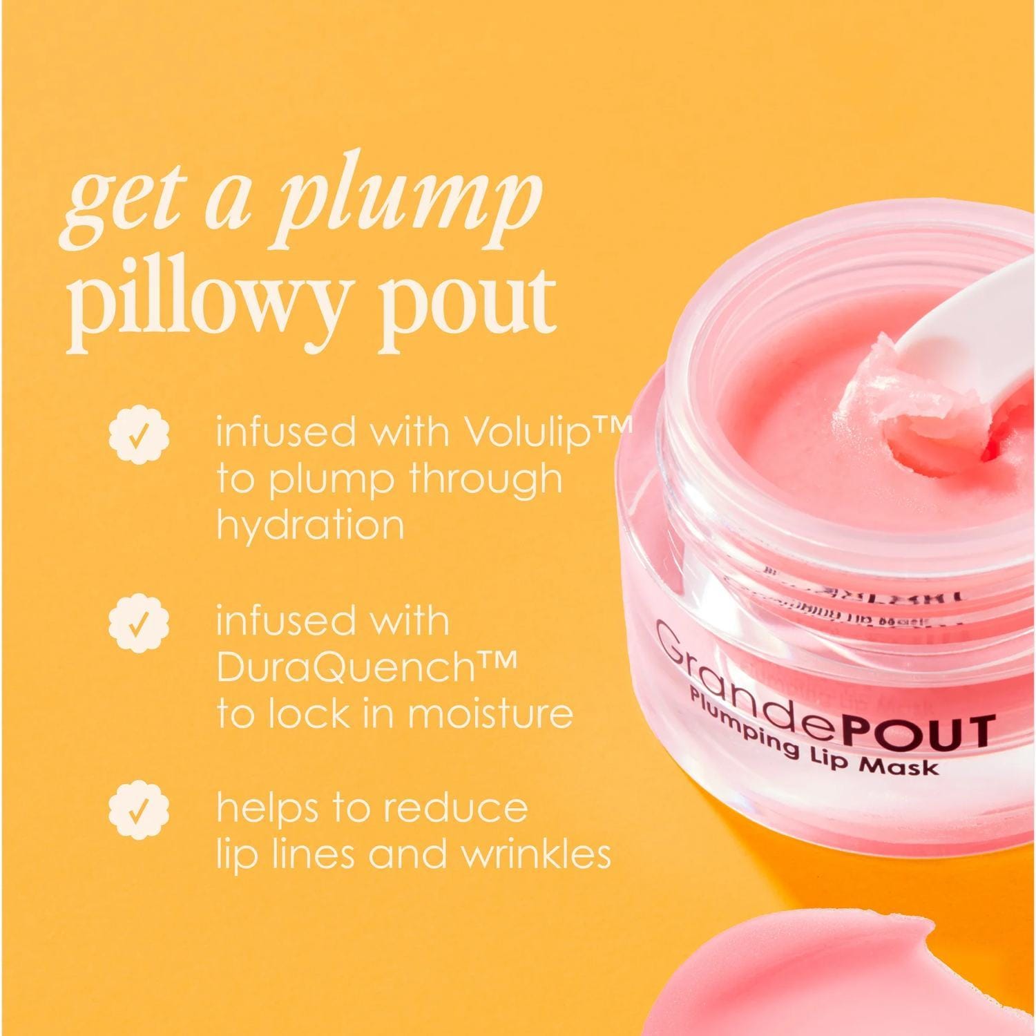 GrandePOUT Plumping Lip Mask jar with Volulip and DuraQuench hydration benefits listed