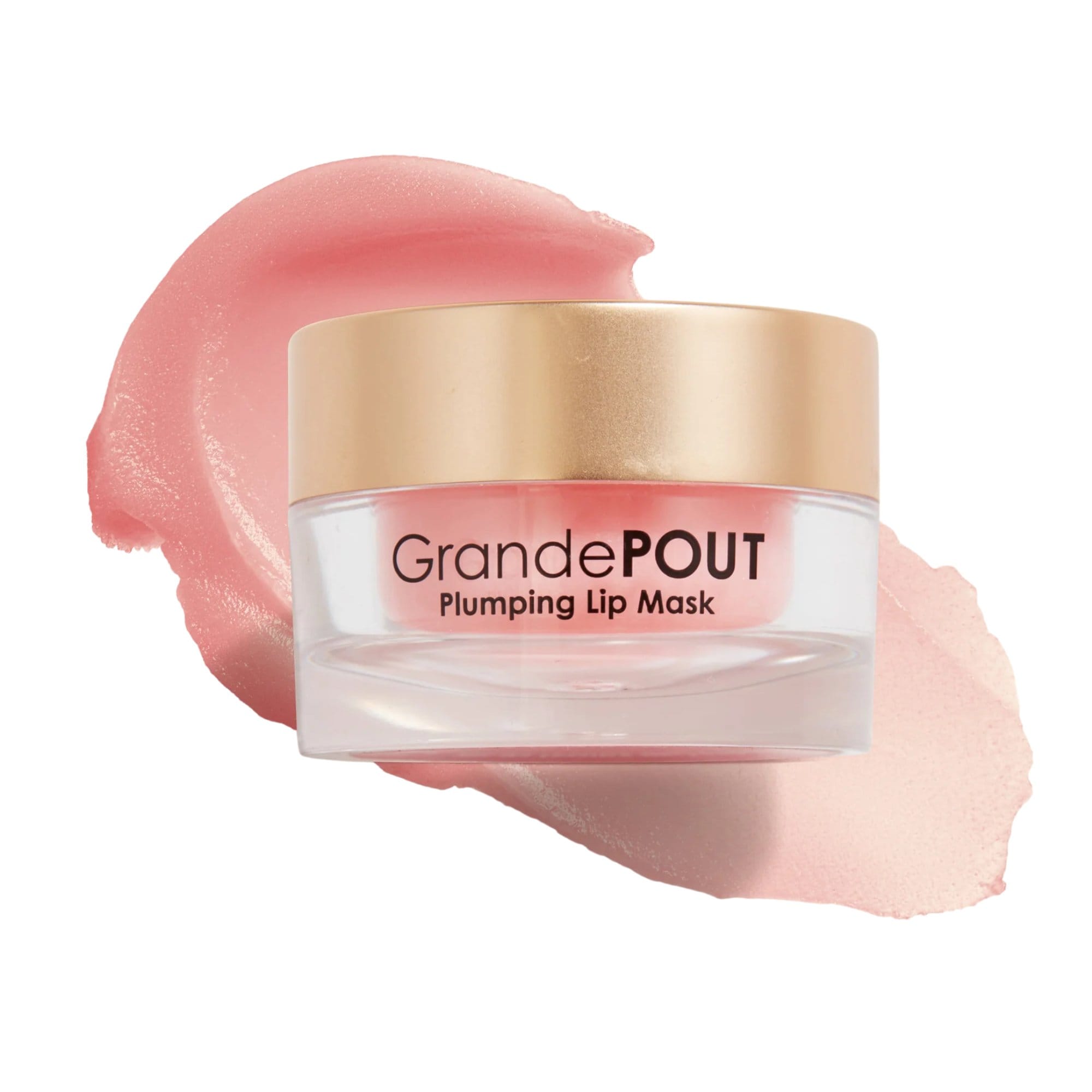 GrandePOUT Plumping Lip Mask berry mojito jar with pink lip swatch on white background
