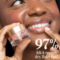 Woman applying GrandePOUT Plumping Lip Mask with 97% dry flaky lip repair statistic