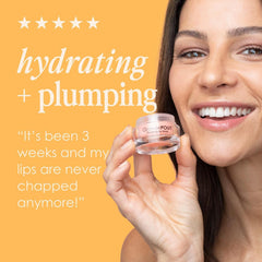 Woman holding GrandePOUT Plumping Lip Mask jar sharing a hydrating and plumping review