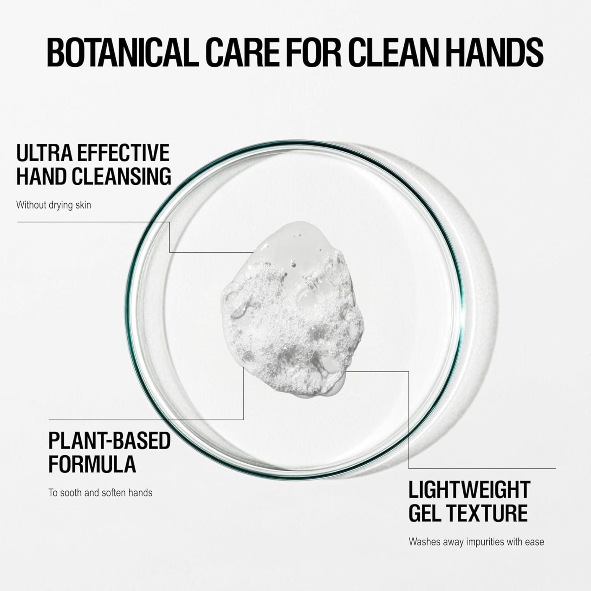 Hand cleansing product in a glass bowl with text highlighting features on a white background