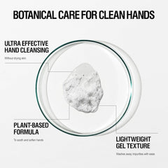 Hand cleansing product in a glass bowl with text highlighting features on a white background
