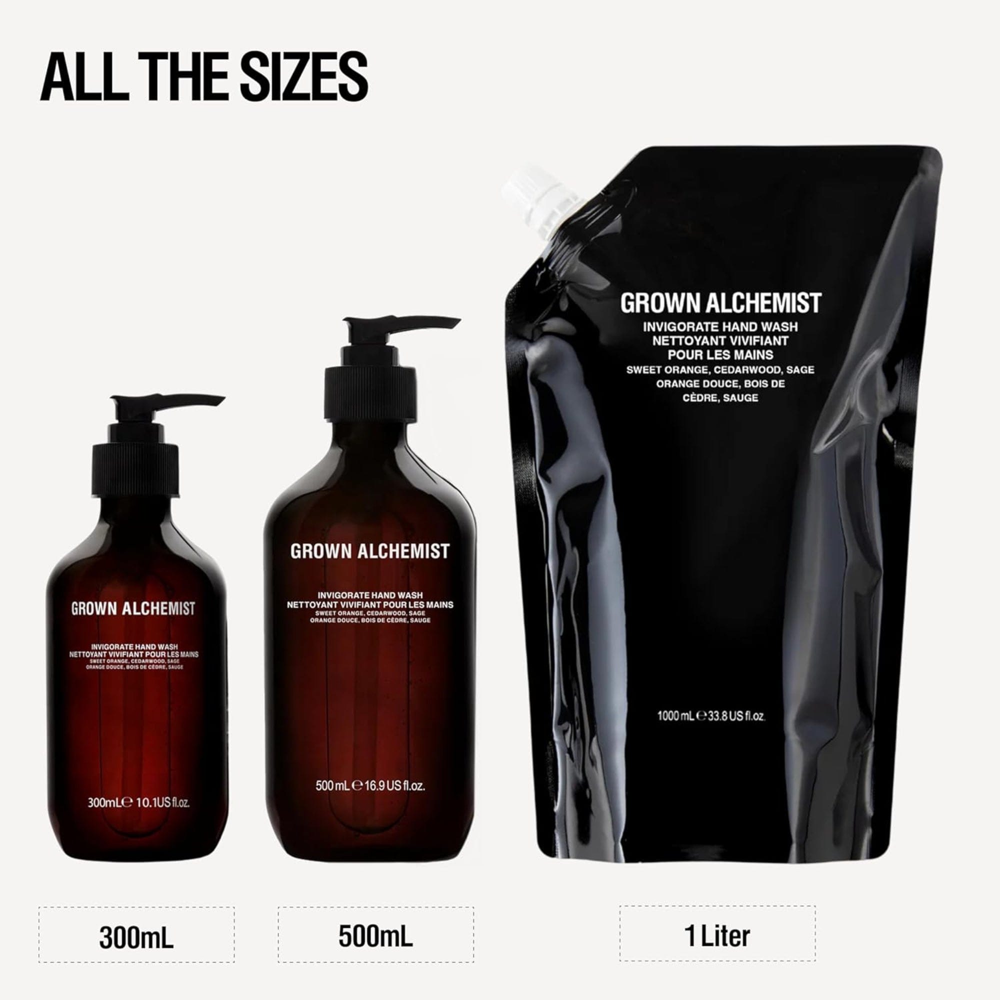 Grown Alchemist hand wash bottles and packaging displayed with sizes 300mL, 500mL, and 1 Liter.
