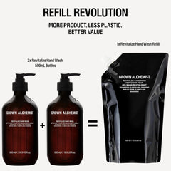 Grown Alchemist hand wash bottles and a refill pack with 'Refill Revolution' text.