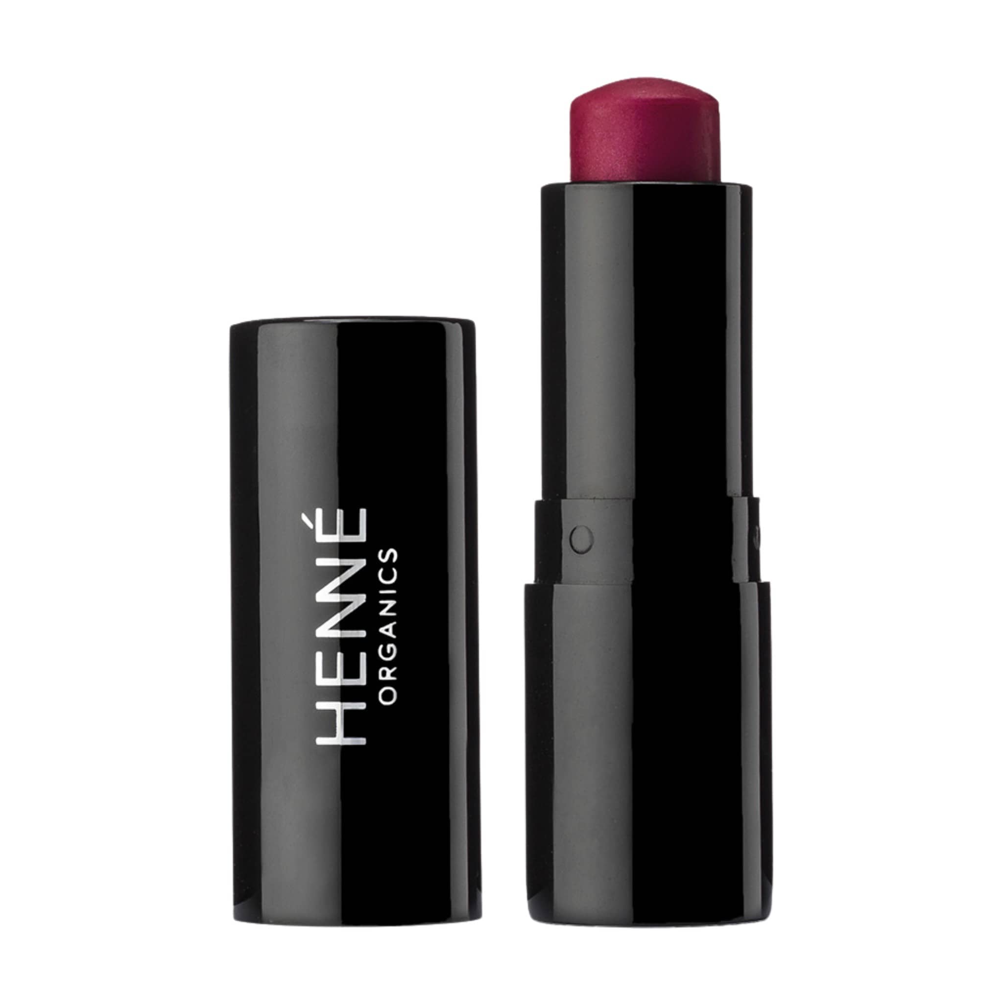 Henné Organics Luxury Lip Tint in Blissful uncapped beside its black cap showing the sheer berry balm 1