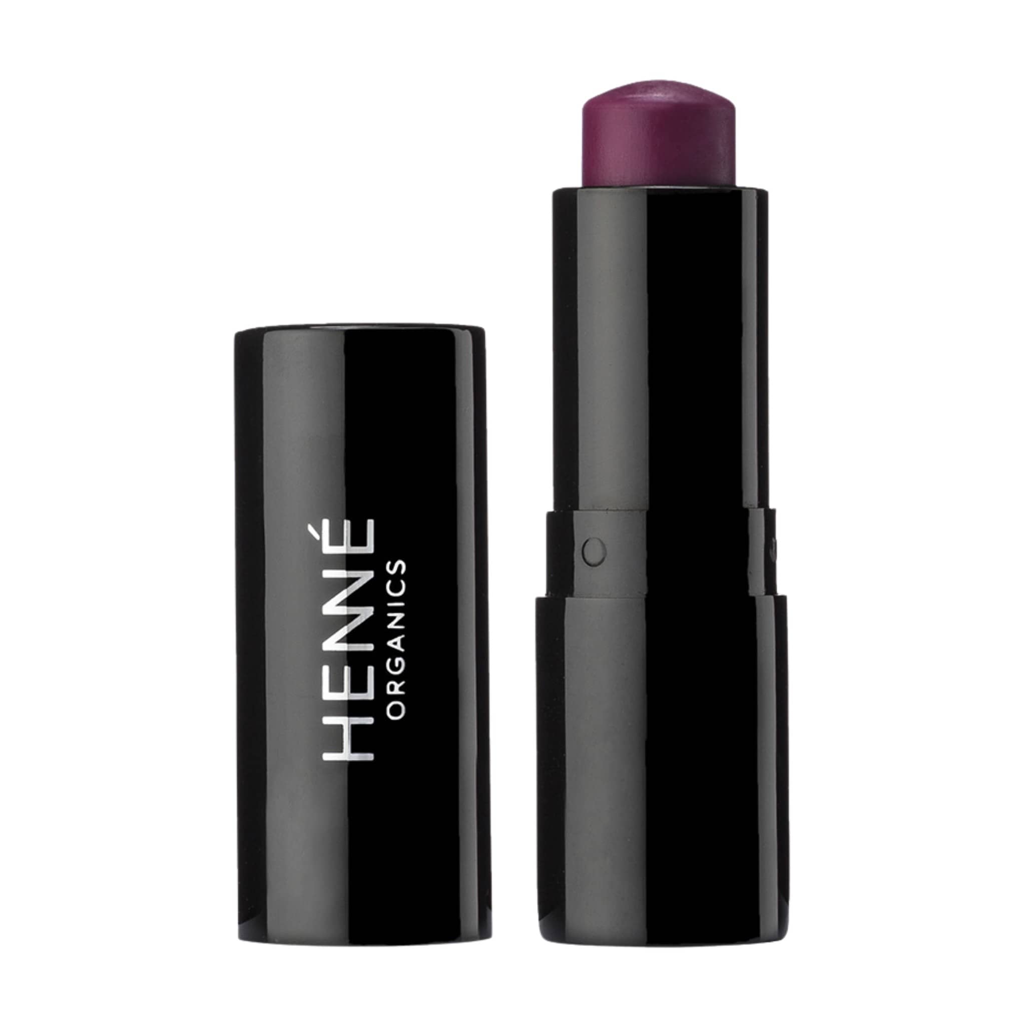 Henné Organics Luxury Lip Tint in Muse uncapped beside its black cap showing the deep plum balm 1