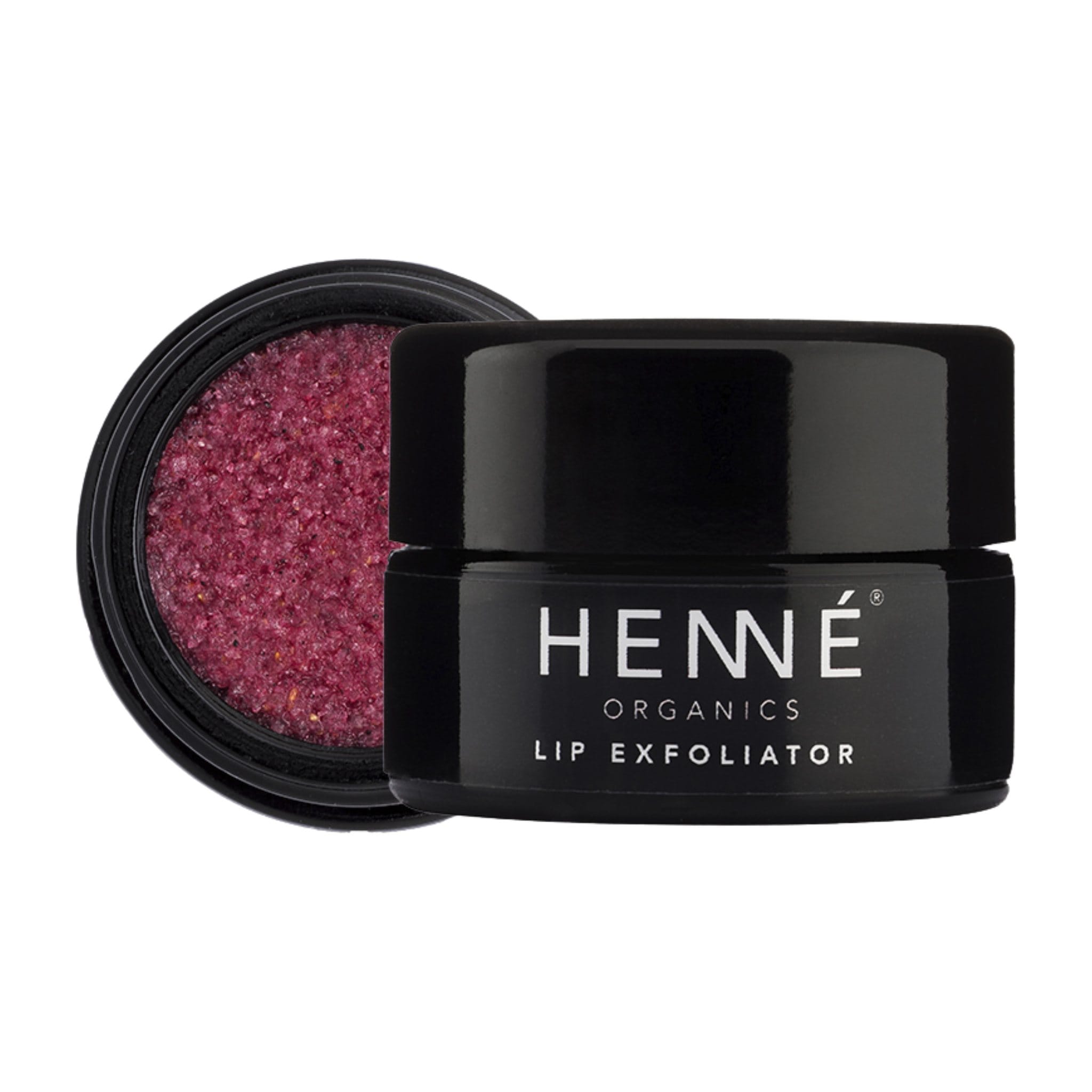 Henné Organics Nordic Berries Lip Exfoliator black glass jar shown closed and open with pink sugar lip scrub