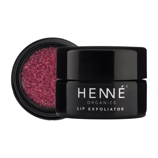 Henné Organics Nordic Berries Lip Exfoliator black glass jar shown closed and open with pink sugar lip scrub