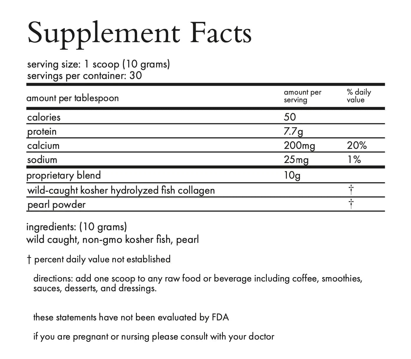Supplement facts label for a product with nutritional information.