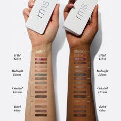 Hydra Eyes Quartet eyeshadow swatches shown on two skin tones across all four palettes 4