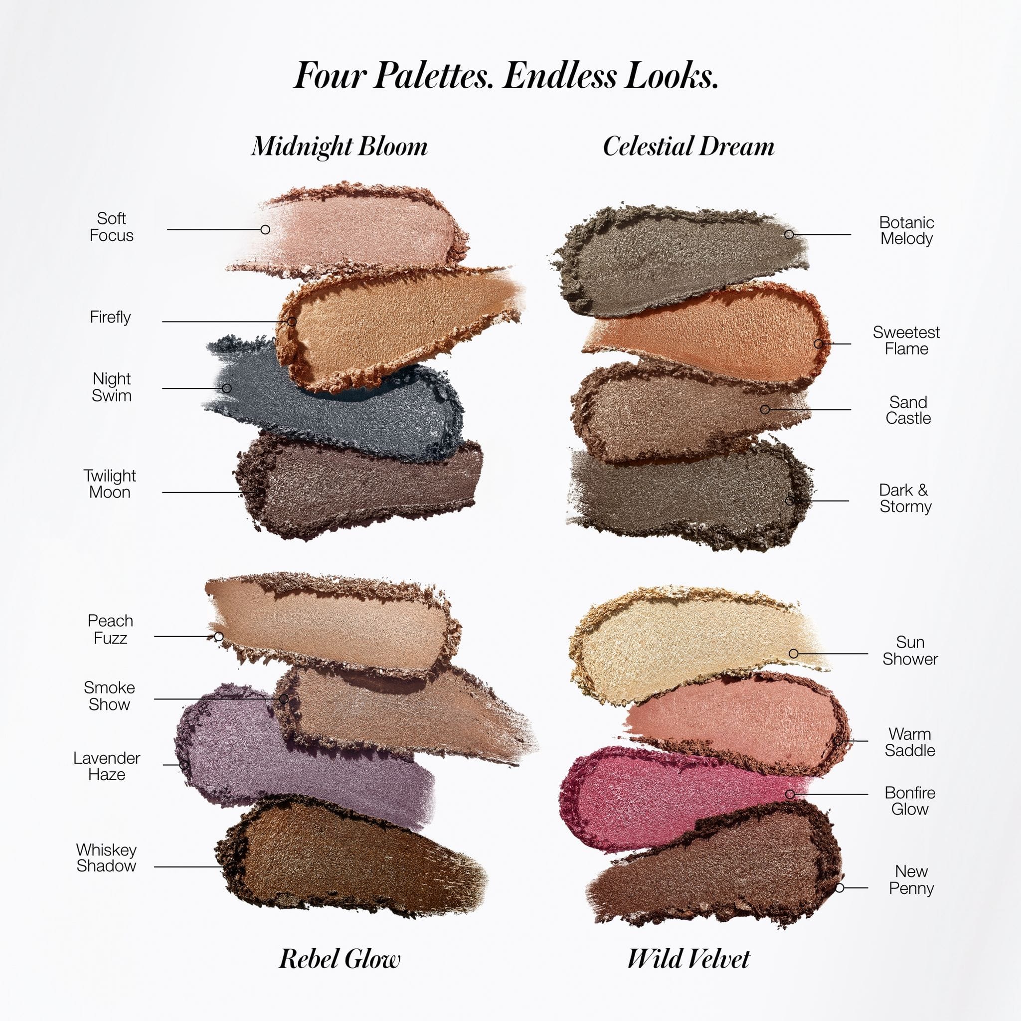 Hydra Eyes Quartet eyeshadow family swatches labeled with all sixteen shade names 5