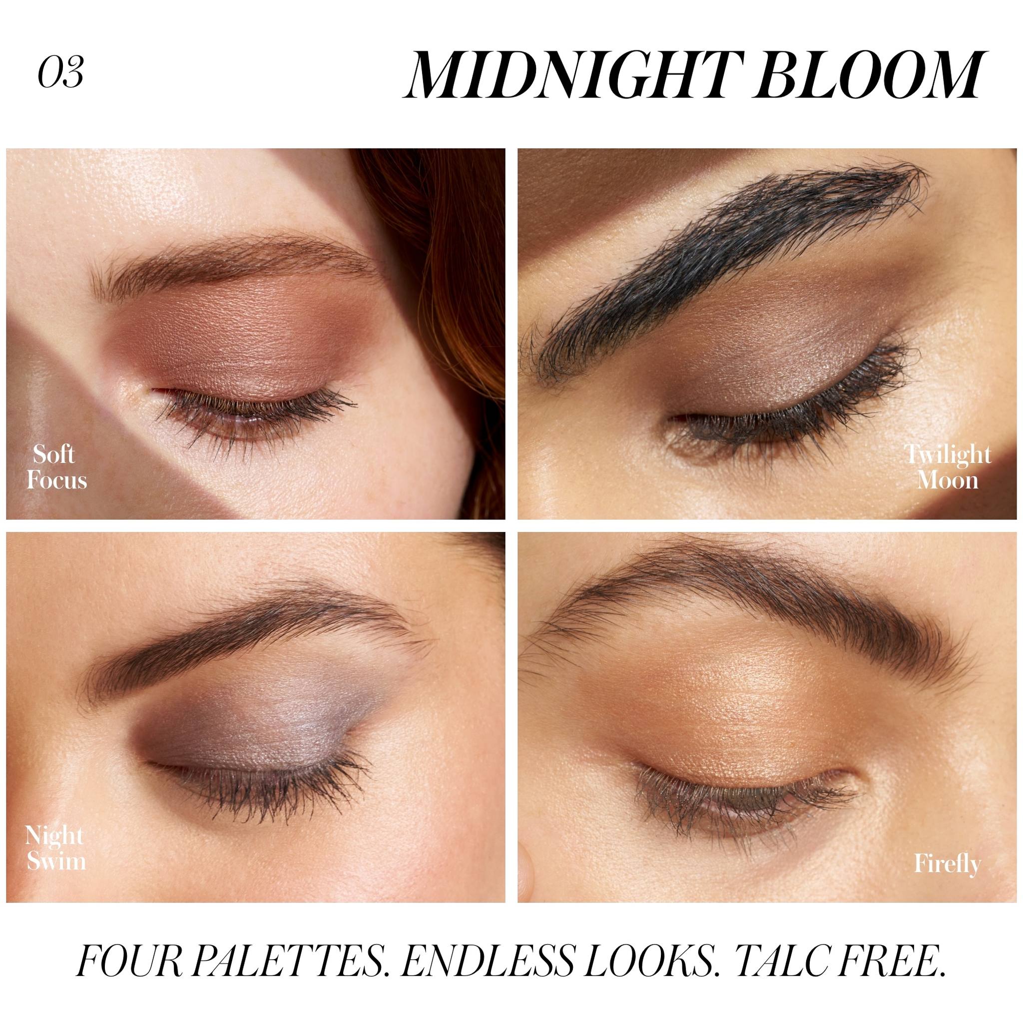 Four eye looks using Hydra Eyes Quartet Midnight Bloom shades Soft Focus Twilight Moon Night Swim and Firefly 3