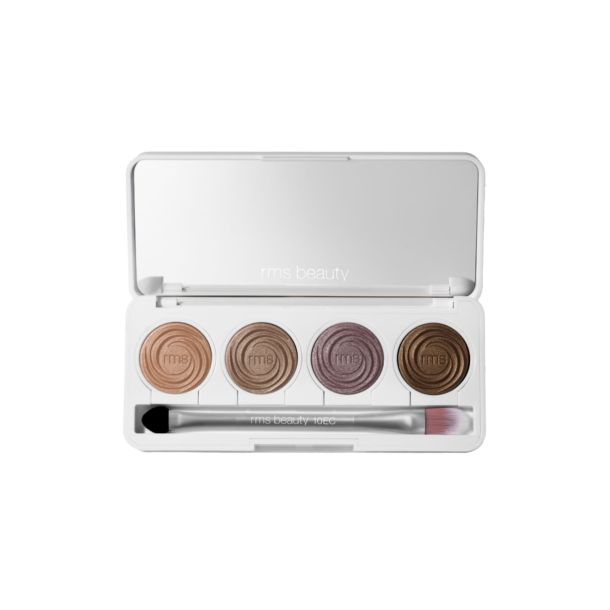 RMS Beauty Hydra Eyes Quartet Rebel Glow eyeshadow palette open with mirror and dual-end brush 1