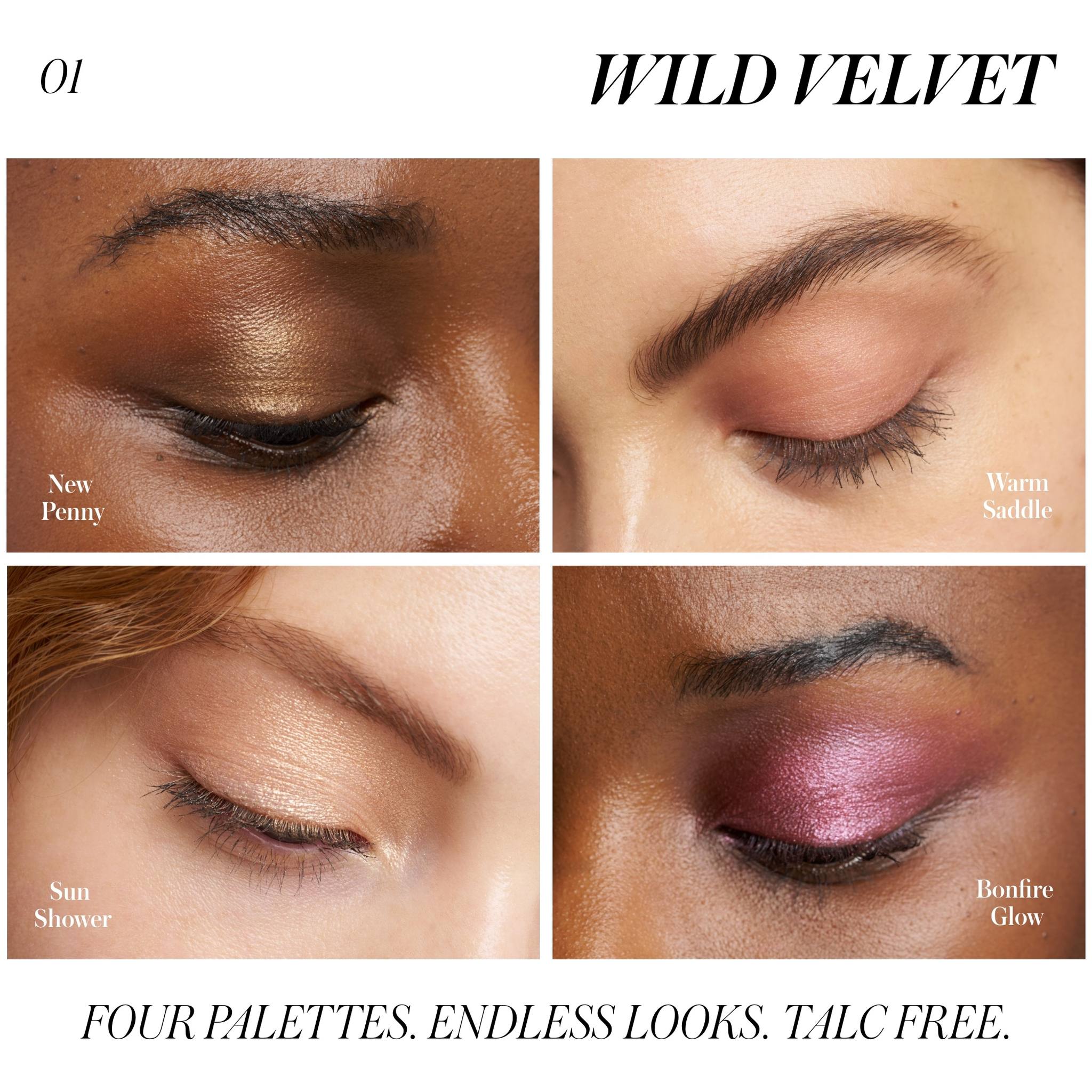 Four eye looks using Hydra Eyes Quartet Wild Velvet shades New Penny Warm Saddle Sun Shower and Bonfire Glow 3