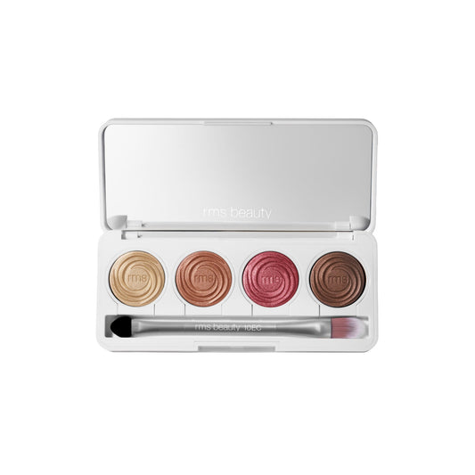 RMS Beauty Hydra Eyes Quartet Wild Velvet eyeshadow palette open with mirror and dual-end brush 1