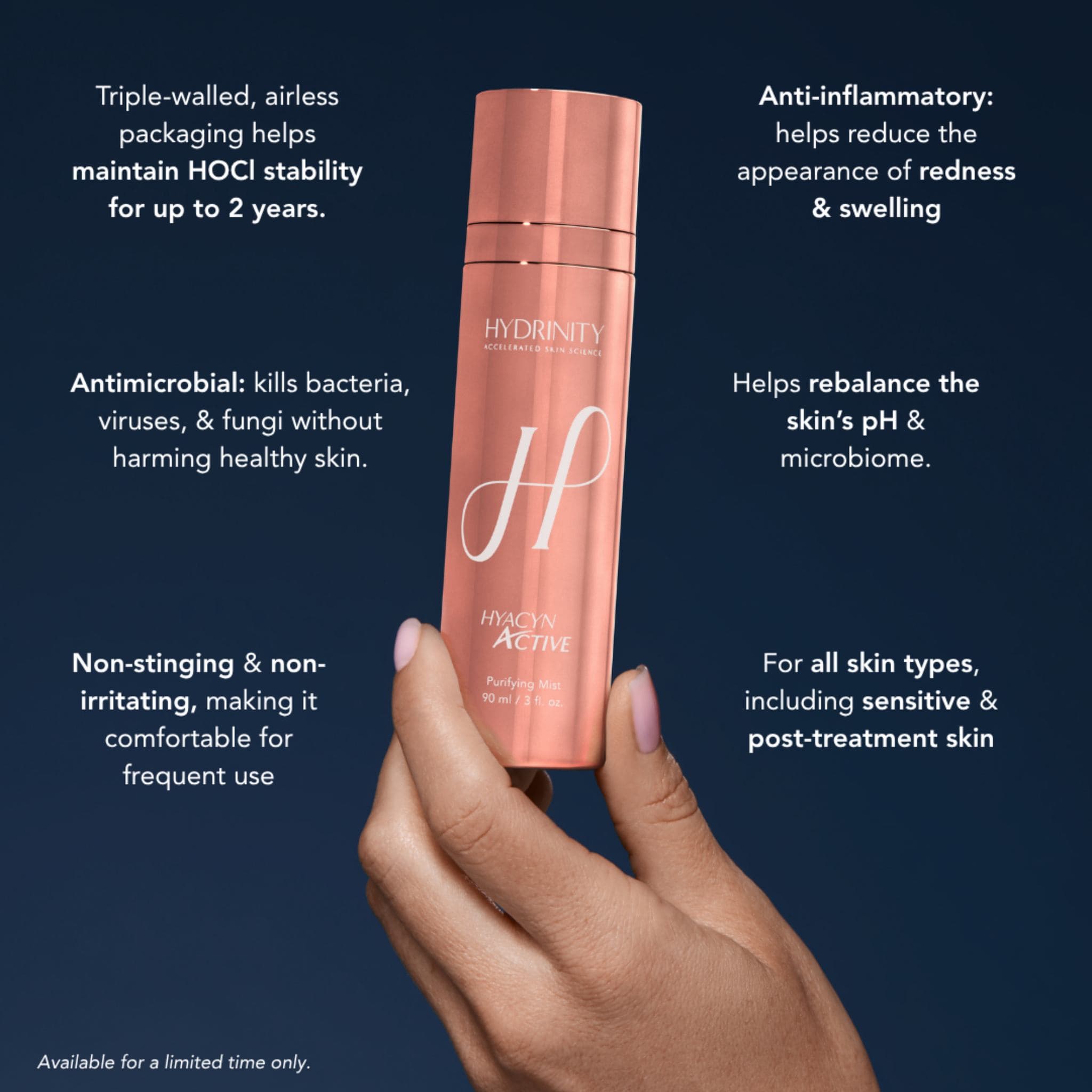 Hydrinity Hyacyn Active Purifying Mist held in hand with product benefits highlighted