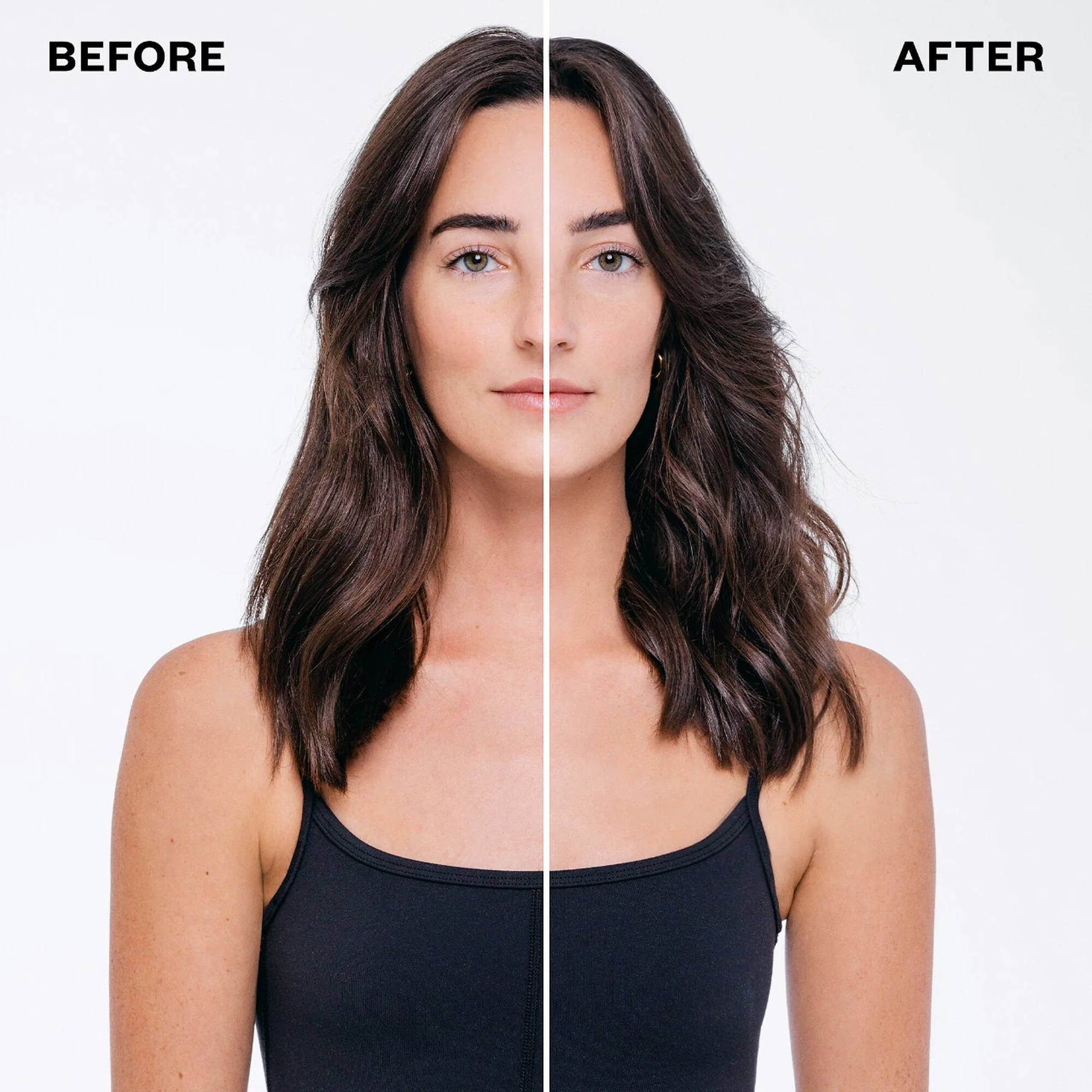 Before and after IGK Beach Club Touchable Texture Spray on long brunette hair with soft defined beachy texture