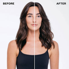 Before and after IGK Beach Club Touchable Texture Spray on long brunette hair with soft defined beachy texture