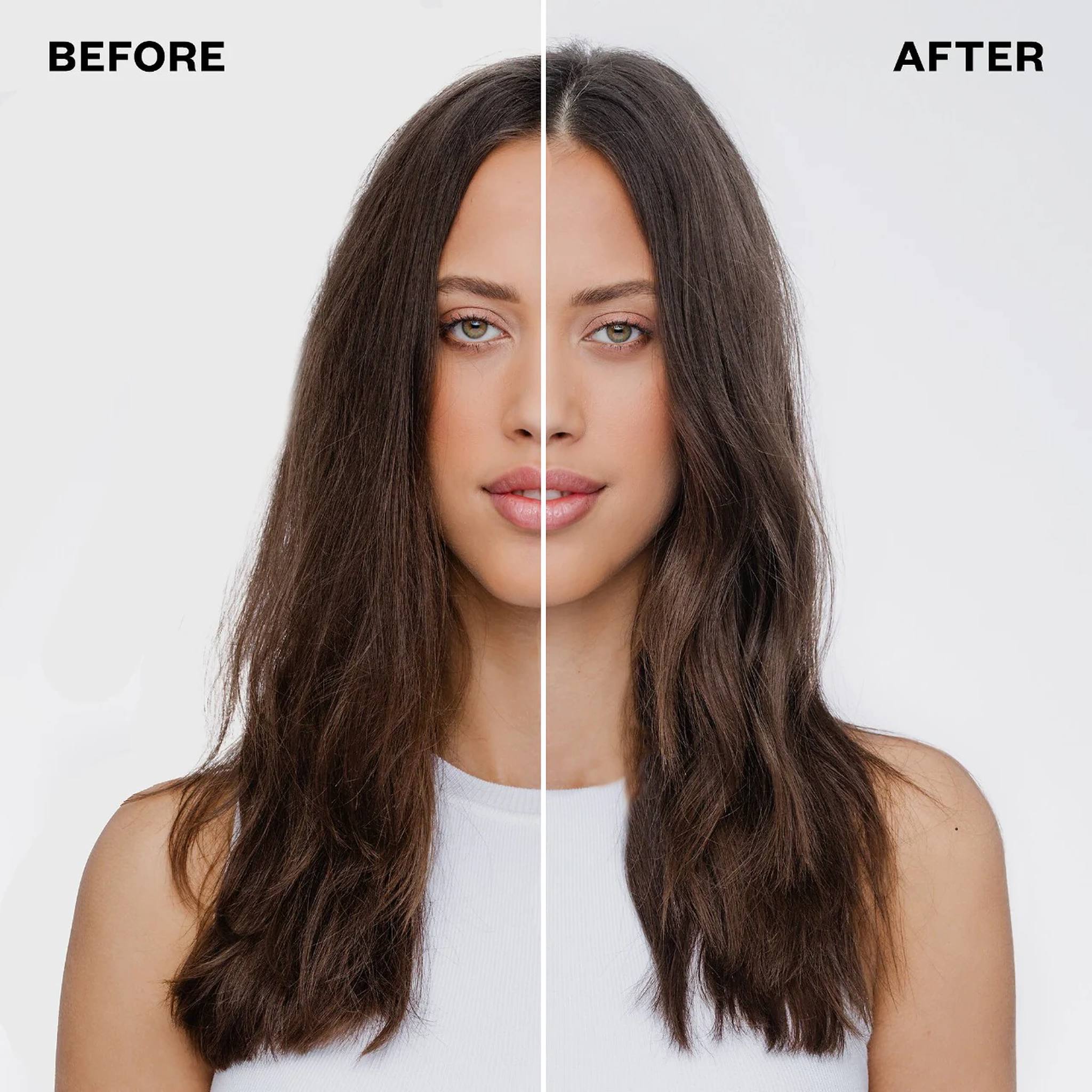 Before and after IGK Beach Club texture spray creating touchable beachy waves with no crunch on shoulder-length hair