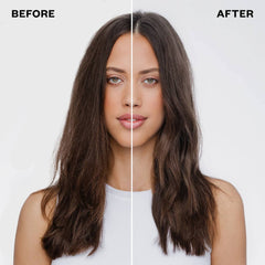 Before and after IGK Beach Club texture spray creating touchable beachy waves with no crunch on shoulder-length hair