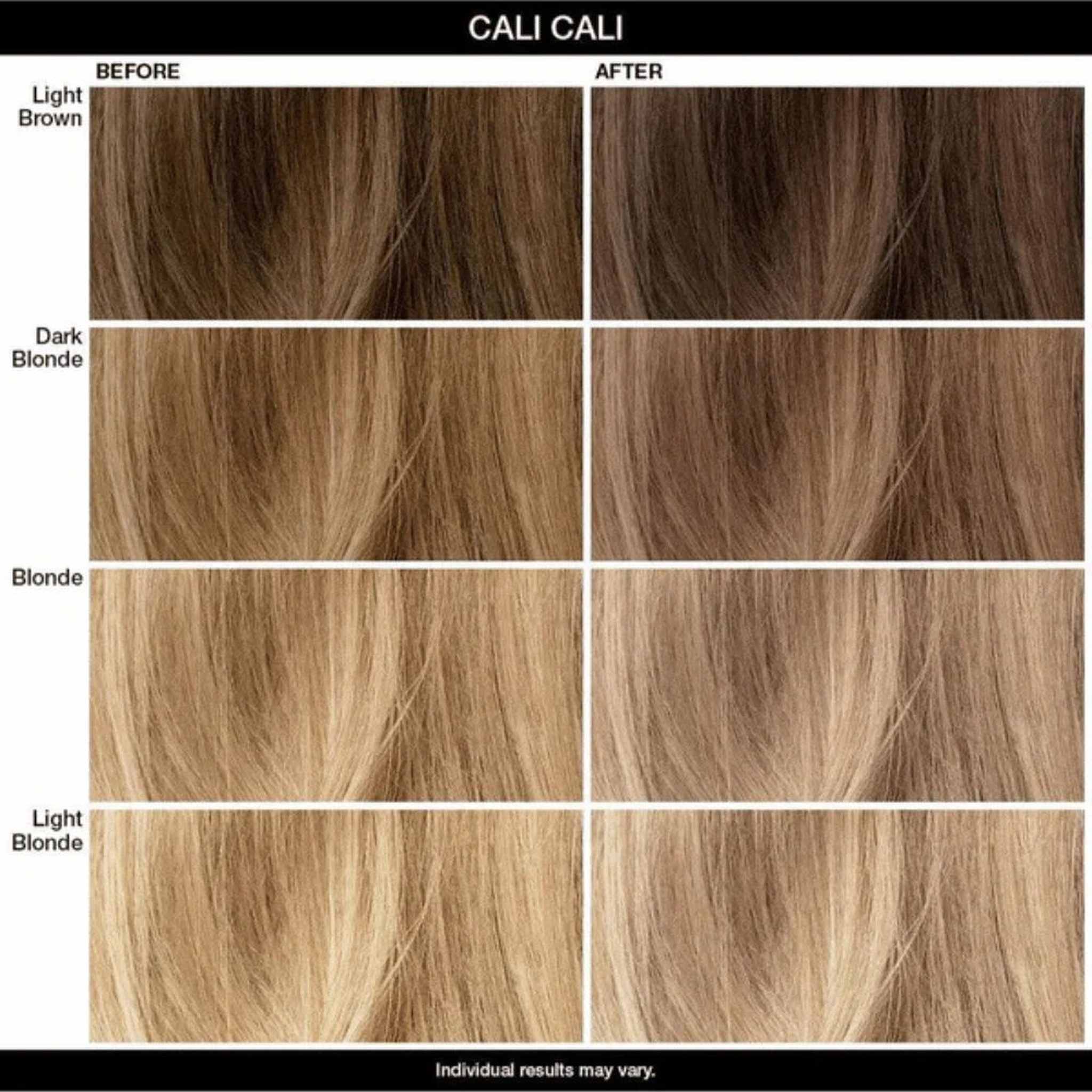 IGK Color Depositing Mask Cali Cali before and after hair color results on light brown dark blonde blonde and light blonde hair 3