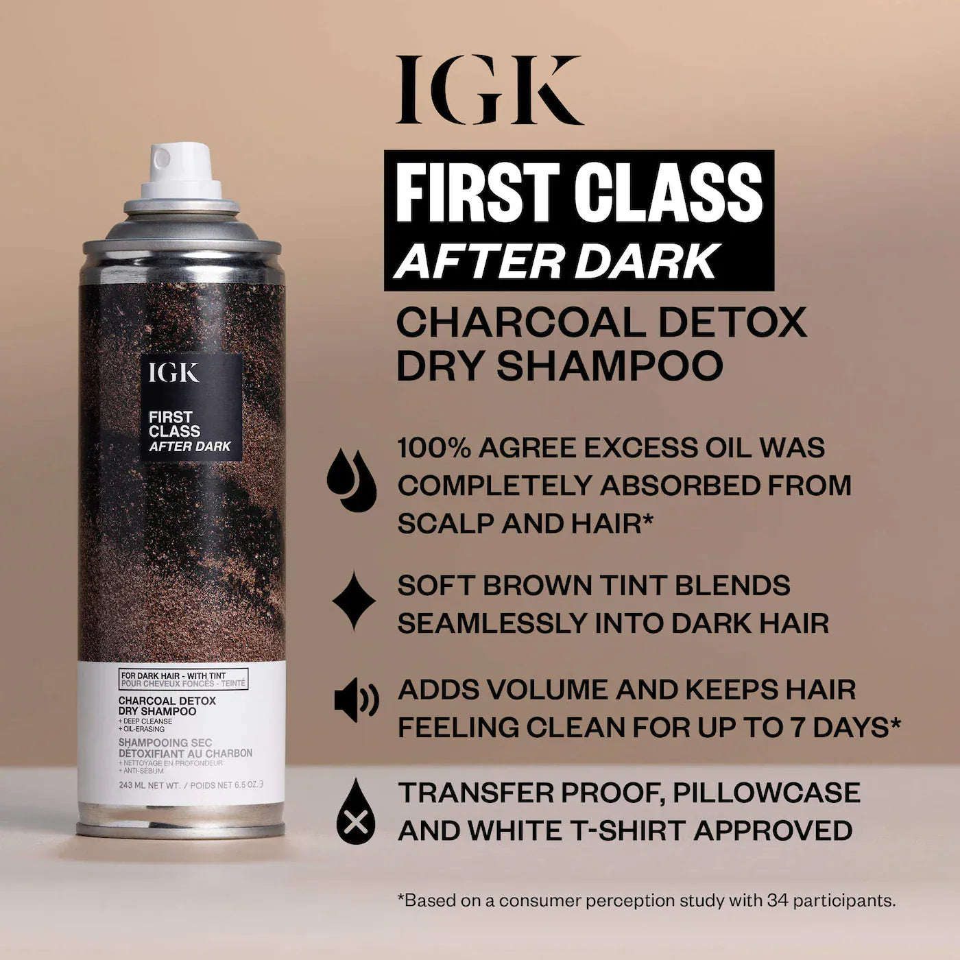 IGK First Class After Dark Charcoal Detox Dry Shampoo can on a beige background with product details.