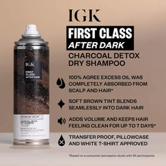 IGK First Class After Dark Charcoal Detox Dry Shampoo can on a beige background with product details.