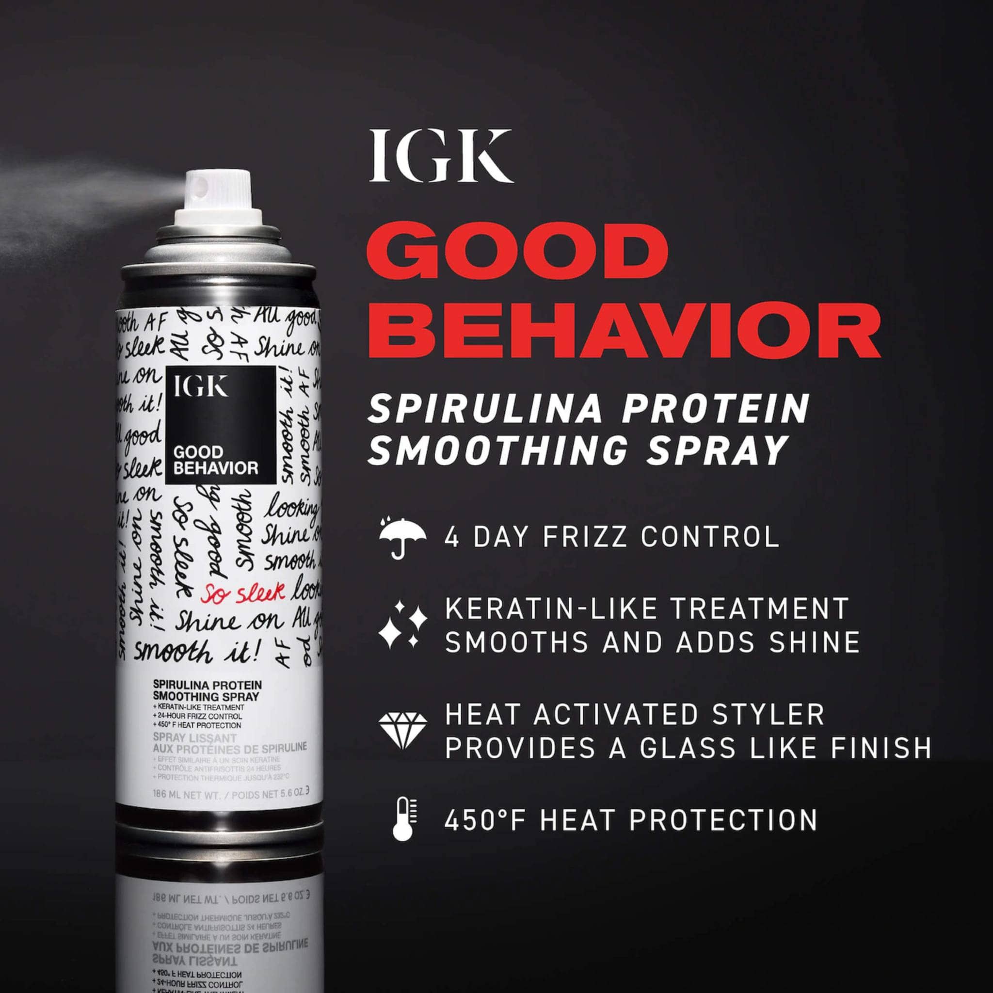 IGK Good Behavior smoothing spray for 4-day frizz control and glass-like shine with keratin-like treatment