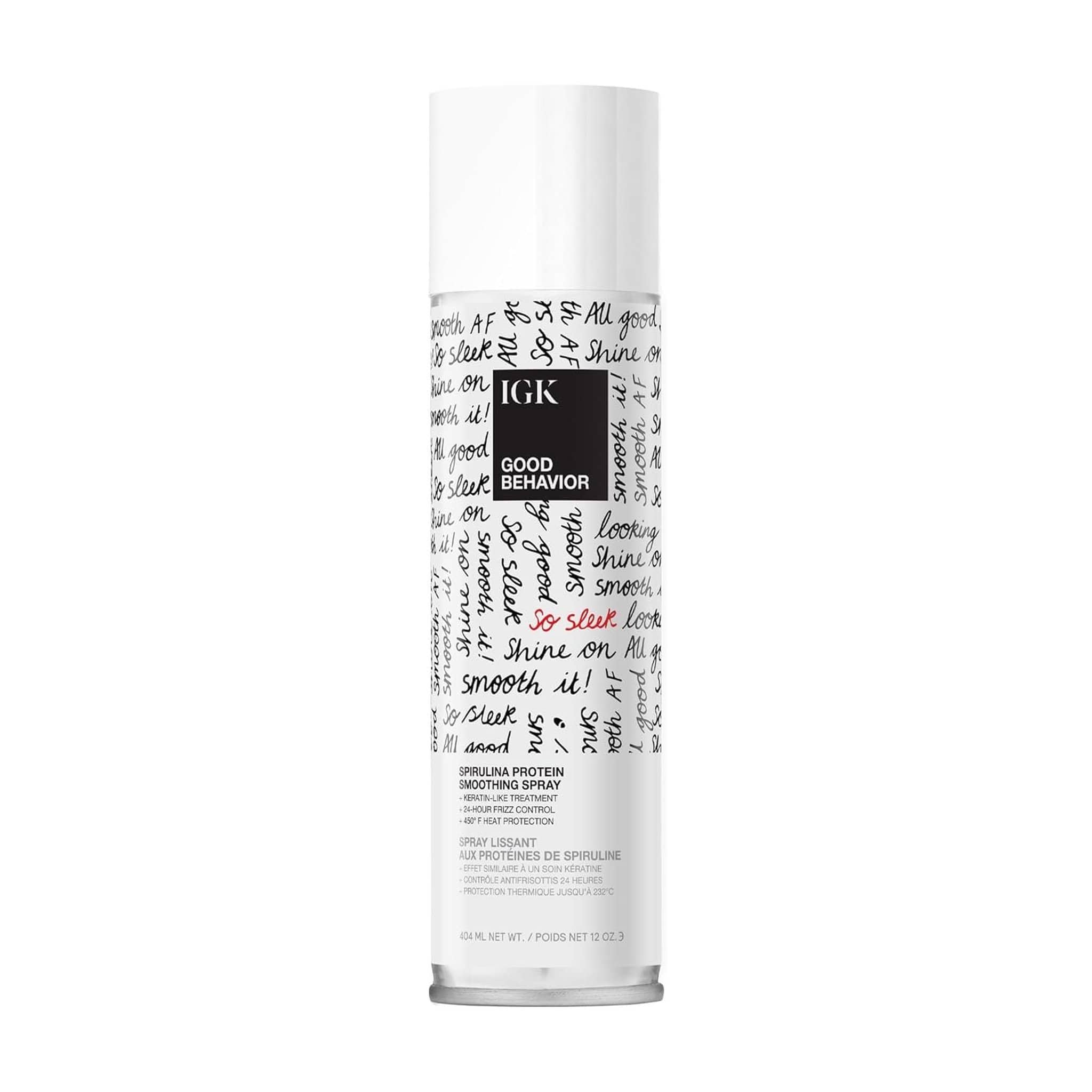 IGK Good Behavior spirulina protein smoothing spray 12 oz can with keratin-like frizz control and heat protection
