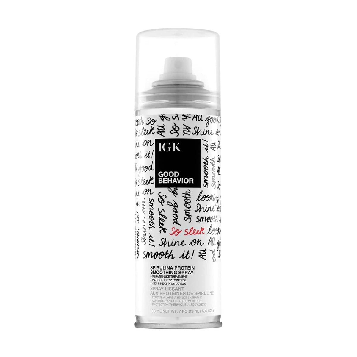 IGK Good Behavior spirulina protein smoothing spray 5.6 oz can with cap off showing spray nozzle for frizz control