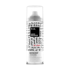 IGK Good Behavior spirulina protein smoothing spray 5.6 oz can with cap off showing spray nozzle for frizz control