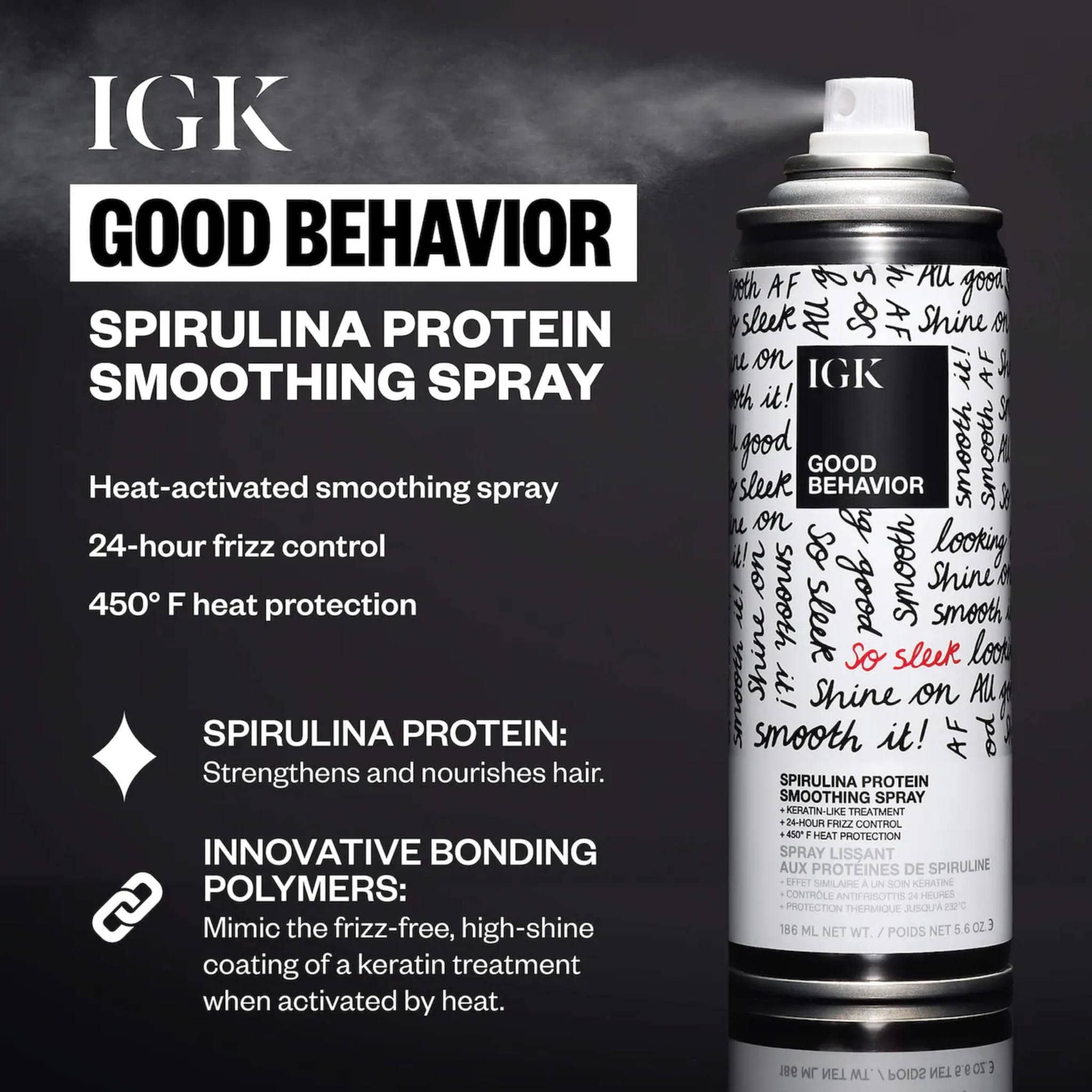 IGK Good Behavior Spirulina Protein Smoothing Spray with heat-activated 24-hour frizz control and 450°F heat protection