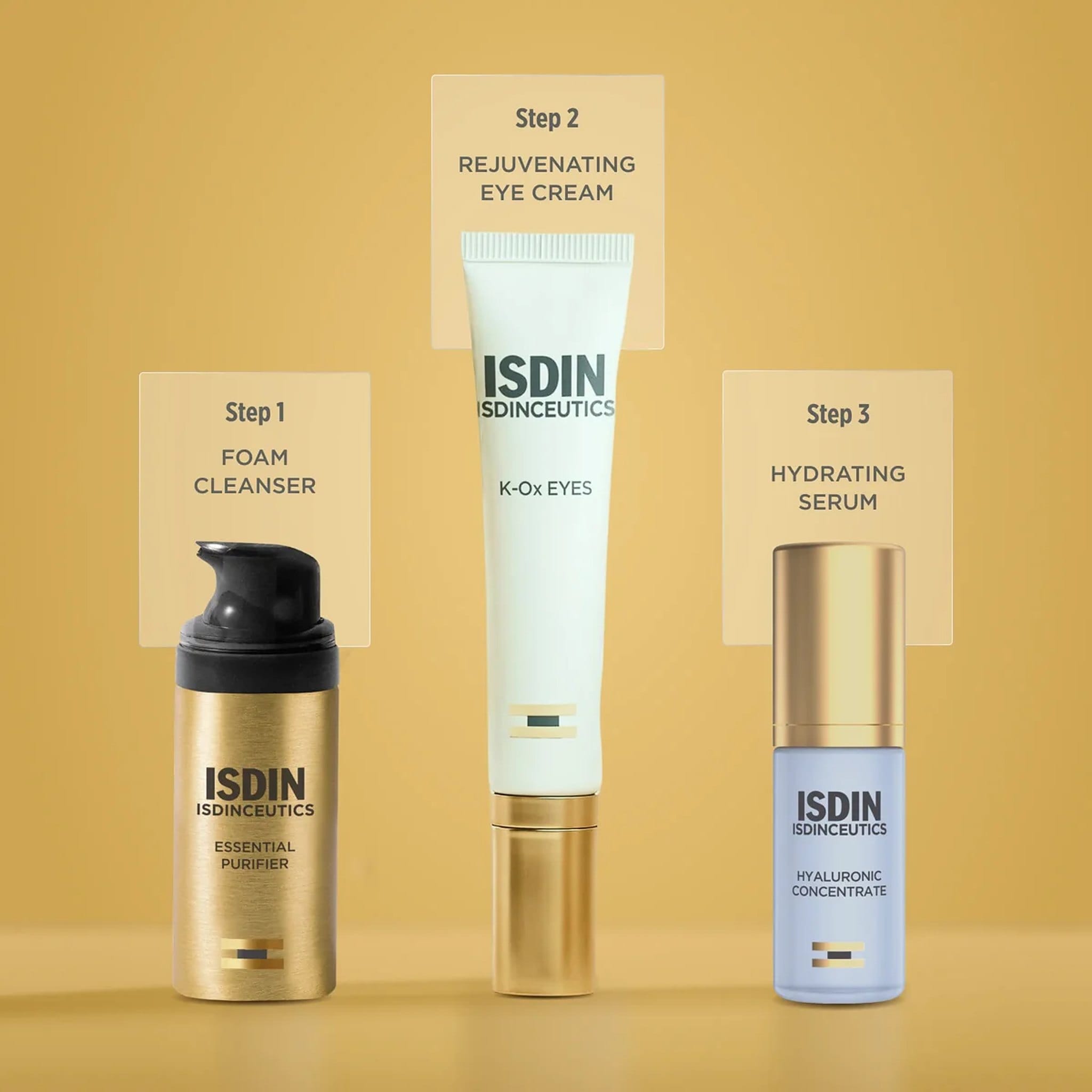 ISDIN 3-step routine with Essential Purifier foam cleanser then K-Ox Eyes eye cream and Hyaluronic Concentrate serum