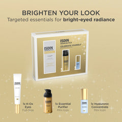 ISDIN Brighten Your Look gift set contents with full-size K-Ox Eyes and Essential Purifier and Hyaluronic Concentrate minis