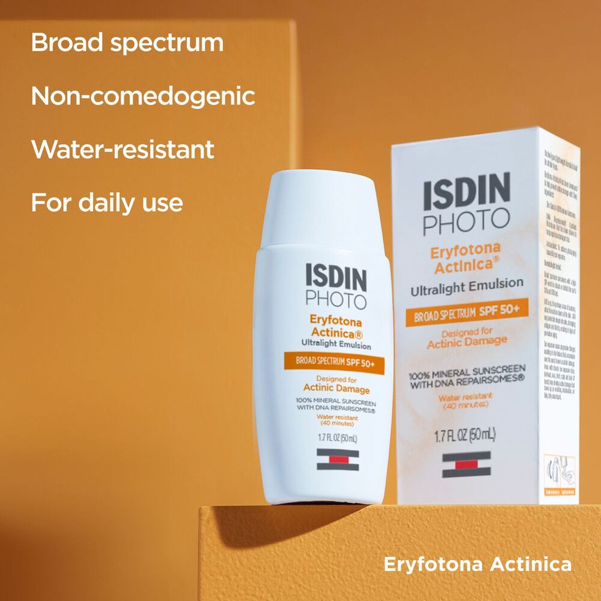 ISDIN Eryfotona Actinica SPF 50+ 50ml bottle and box, broad spectrum non-comedogenic water-resistant daily sunscreen 3