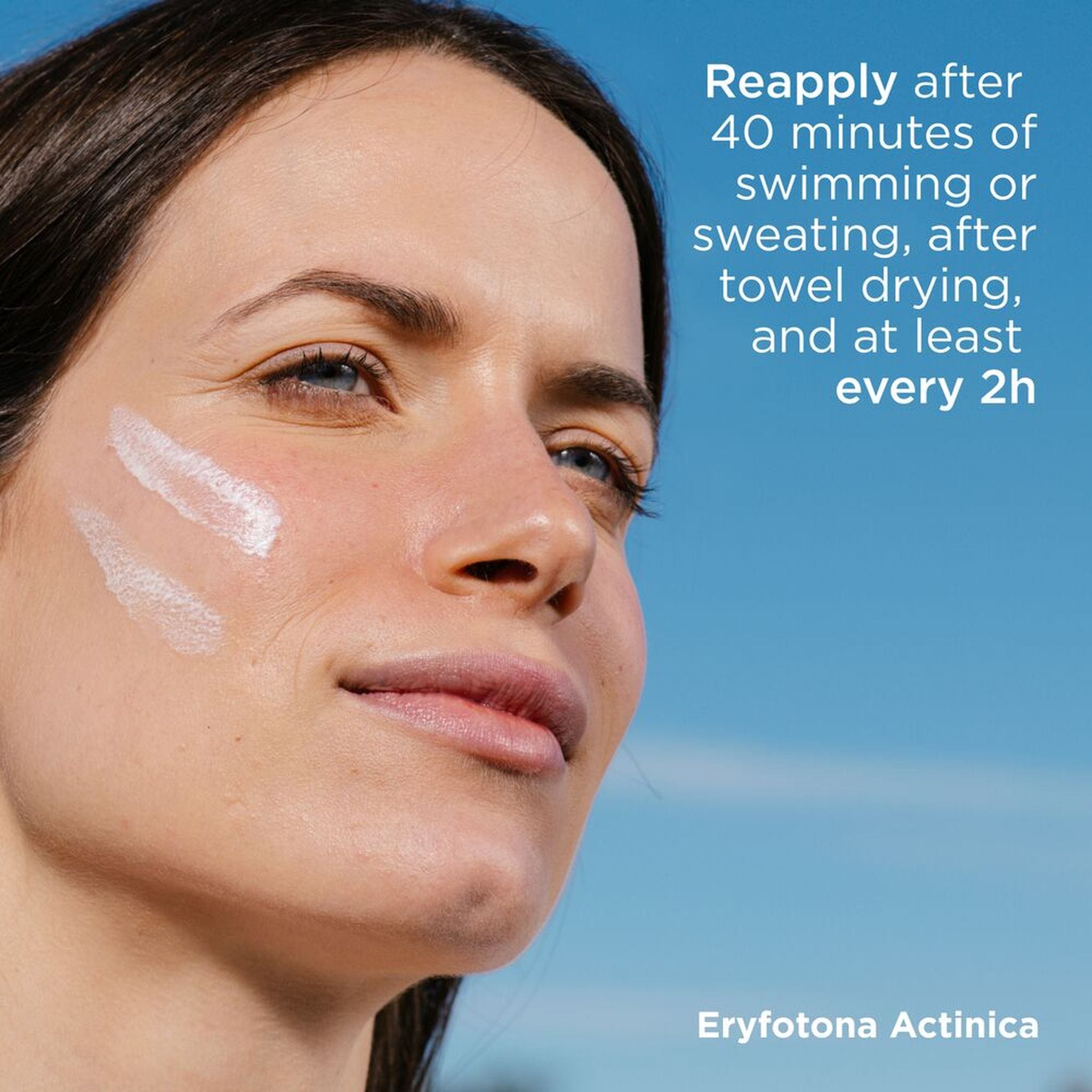 ISDIN Eryfotona Actinica SPF 50+ applied to face, reapply every 2 hours or after 40 minutes of swimming or sweating 4