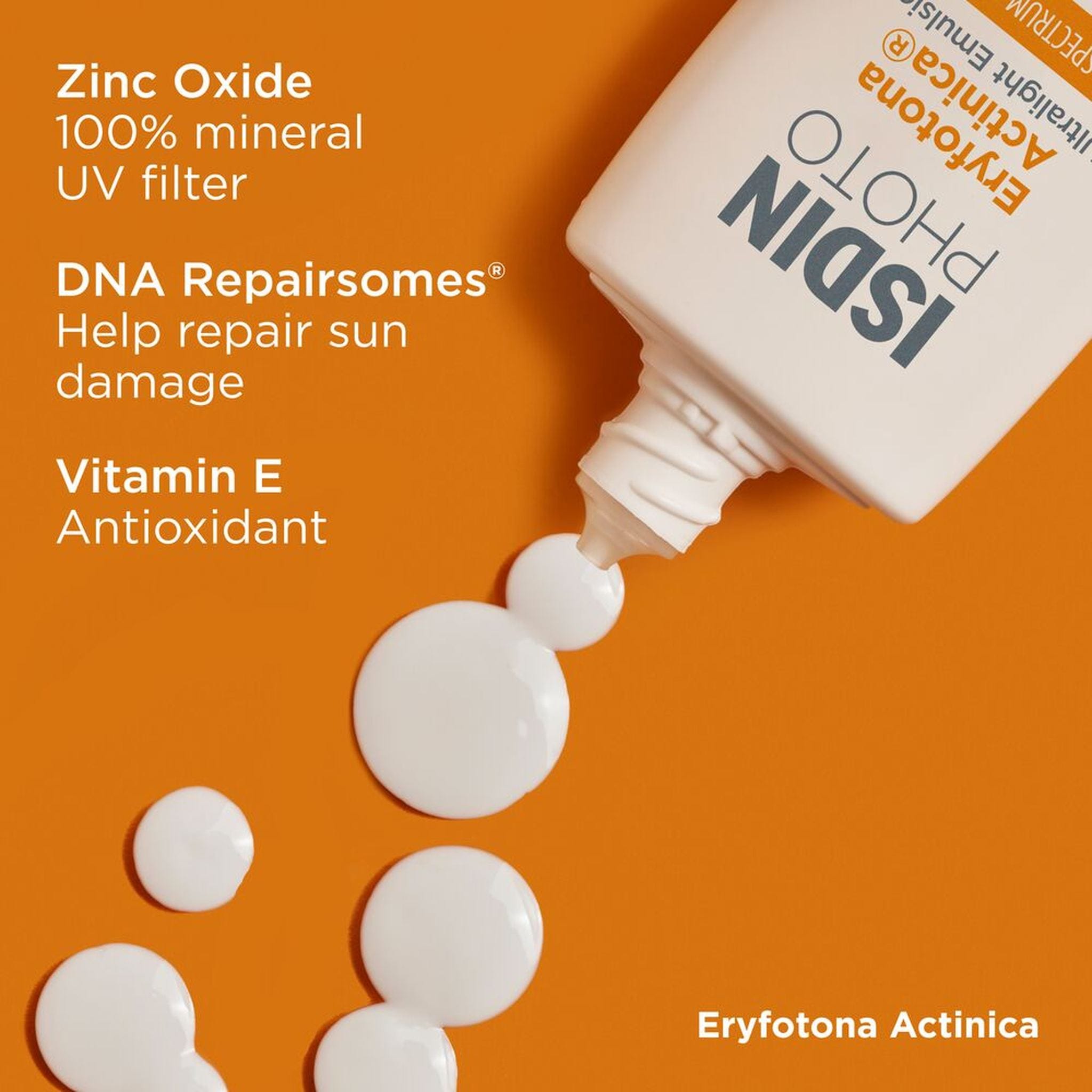 ISDIN Eryfotona Actinica SPF 50+ bottle dispensing emulsion, with Zinc Oxide, DNA Repairsomes and Vitamin E 5