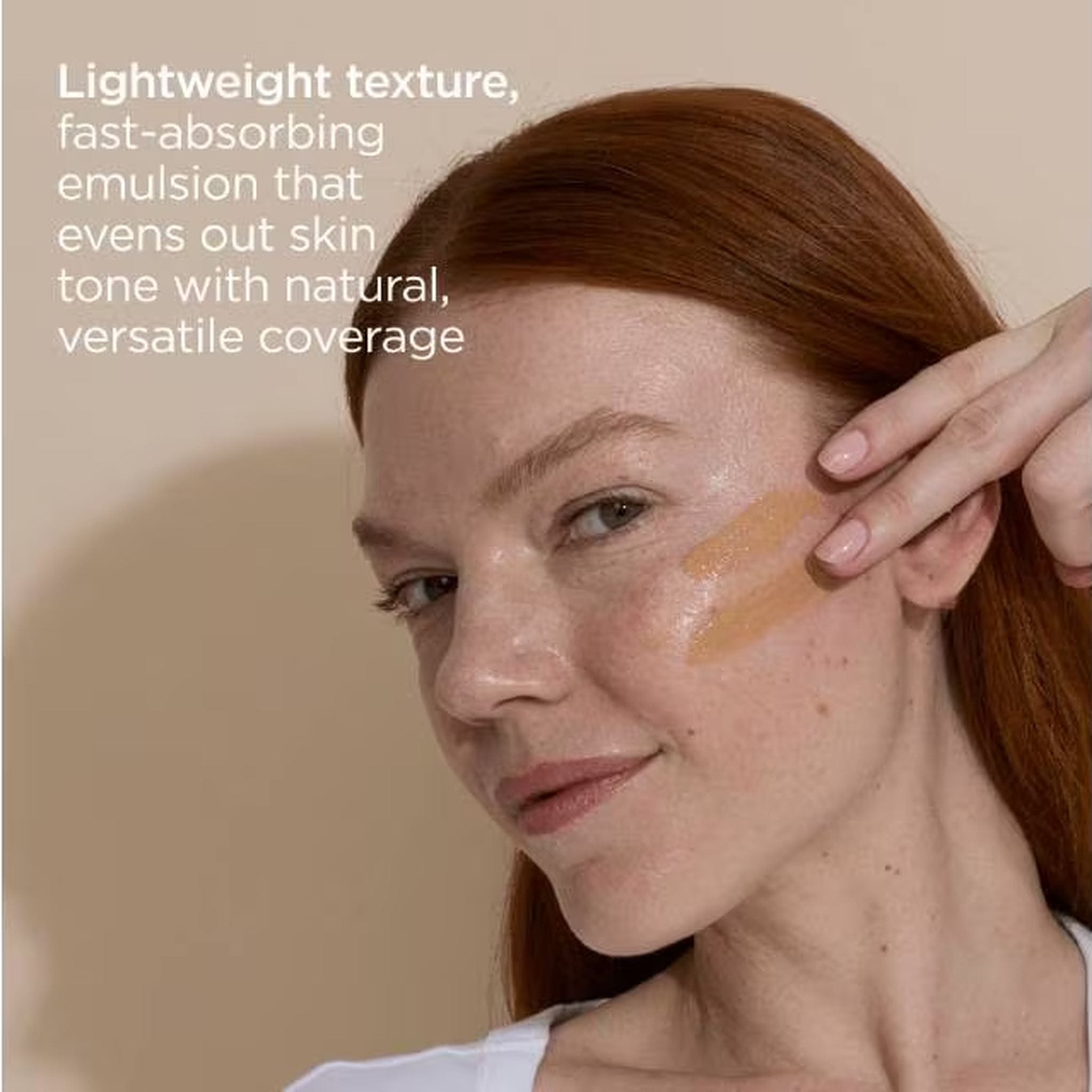 Lightweight fast-absorbing tinted sunscreen emulsion applied to skin