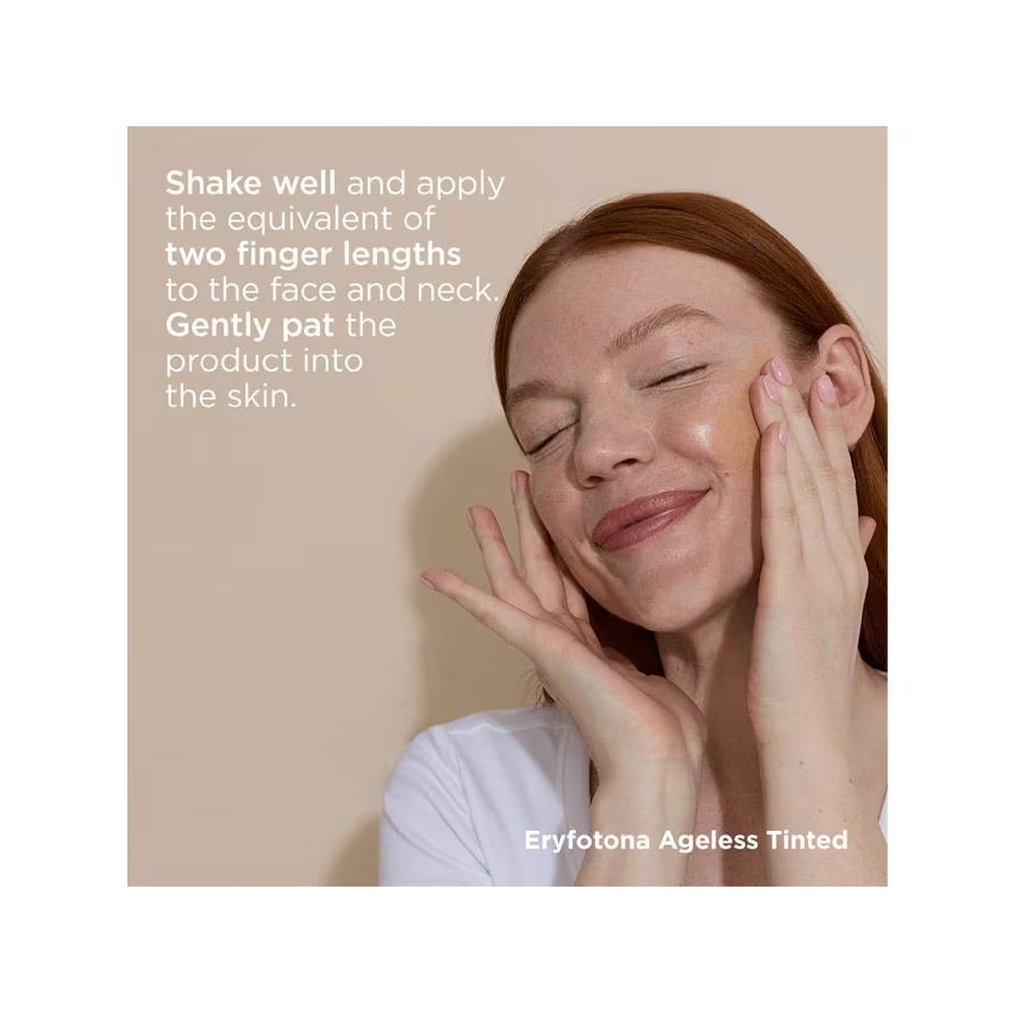 Woman applying tinted mineral sunscreen to face and neck
