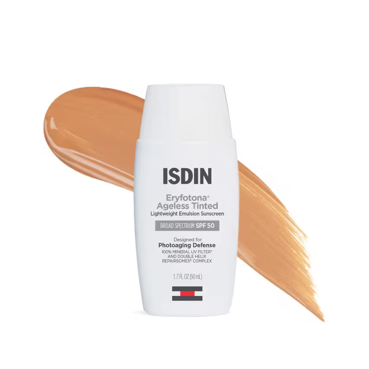 ISDIN Eryfotona Ageless Tinted SPF 50 1.7 oz. bottle with tinted swatch