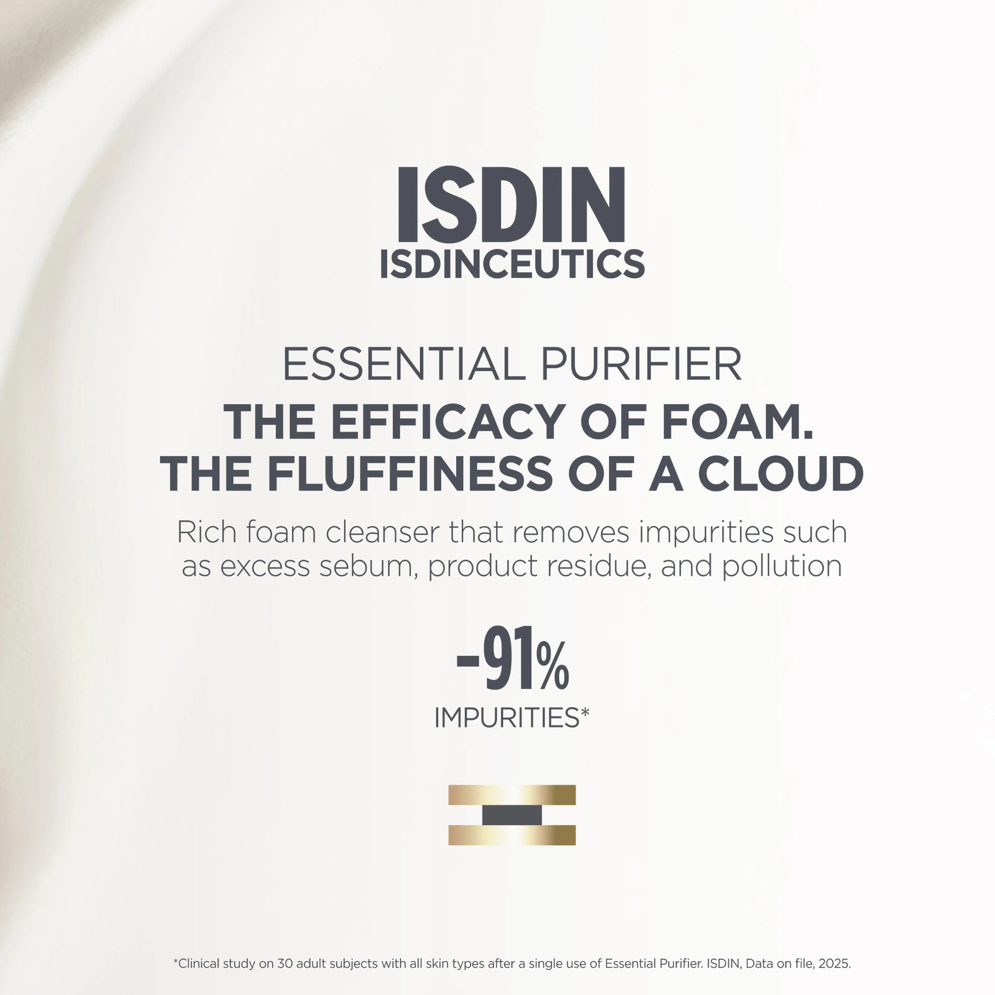 ISDIN Isdinceutics advertisement for Essential Purifier with text about foam cleanser efficacy.