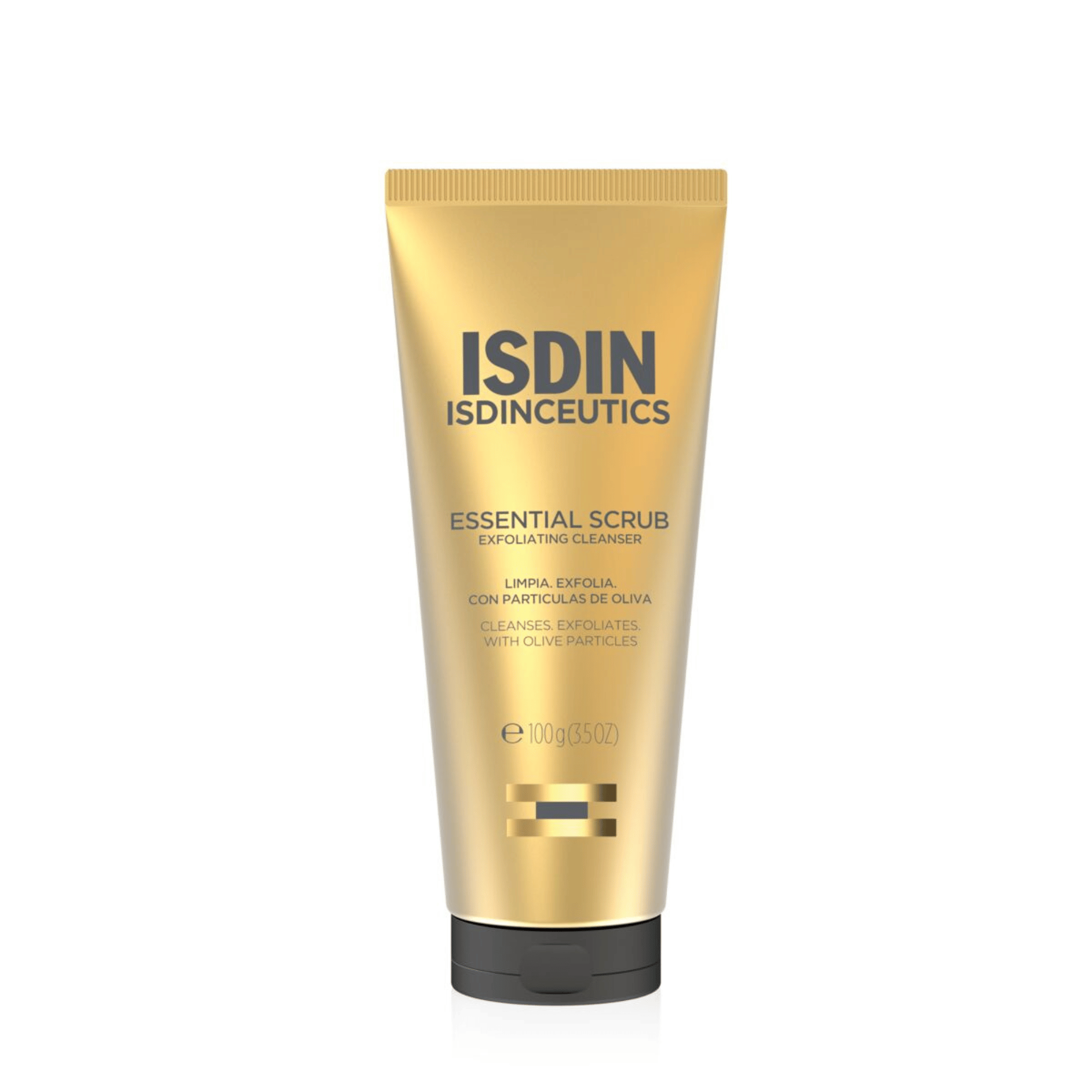 Gold tube of ISDIN ISDINCEUTICS Essential Scrub on a white background
