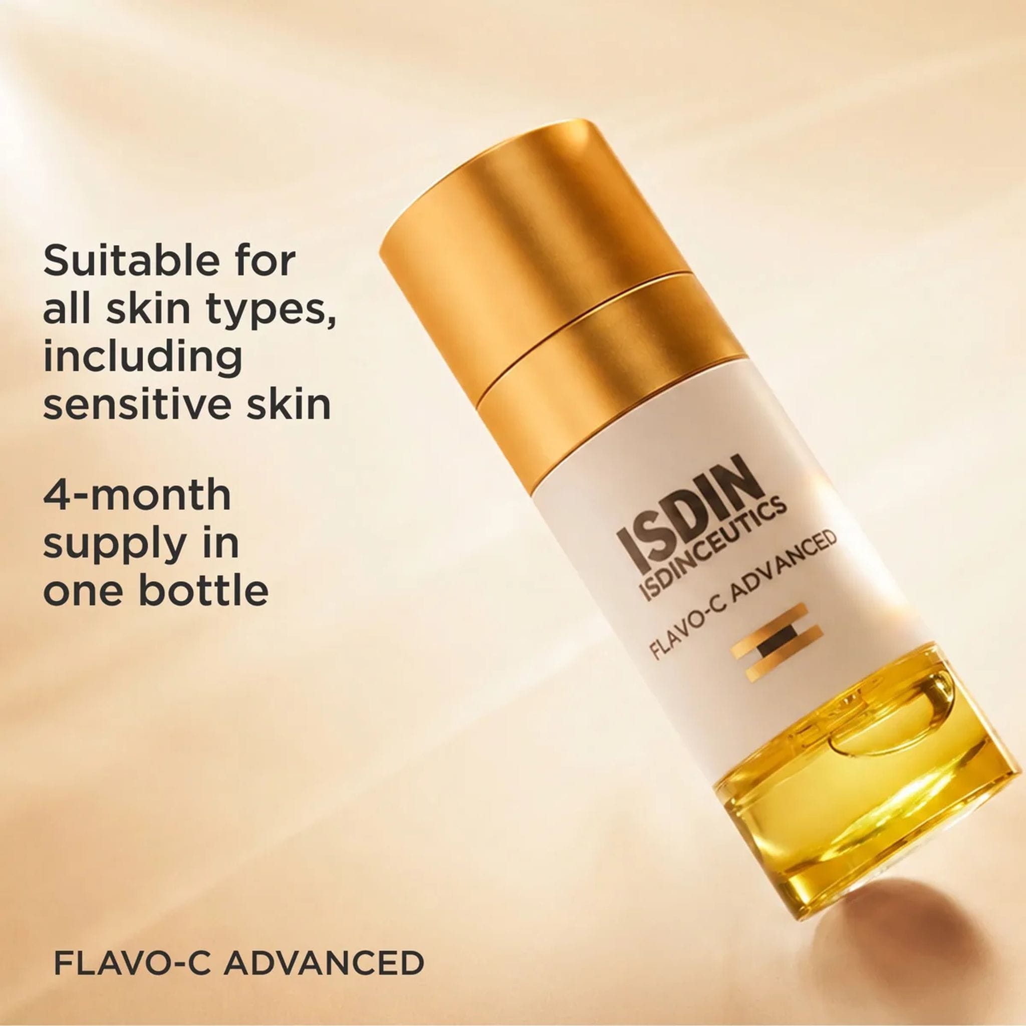 Flavo-C Advanced vitamin C serum bottle suitable for all skin types with a 4 month supply
